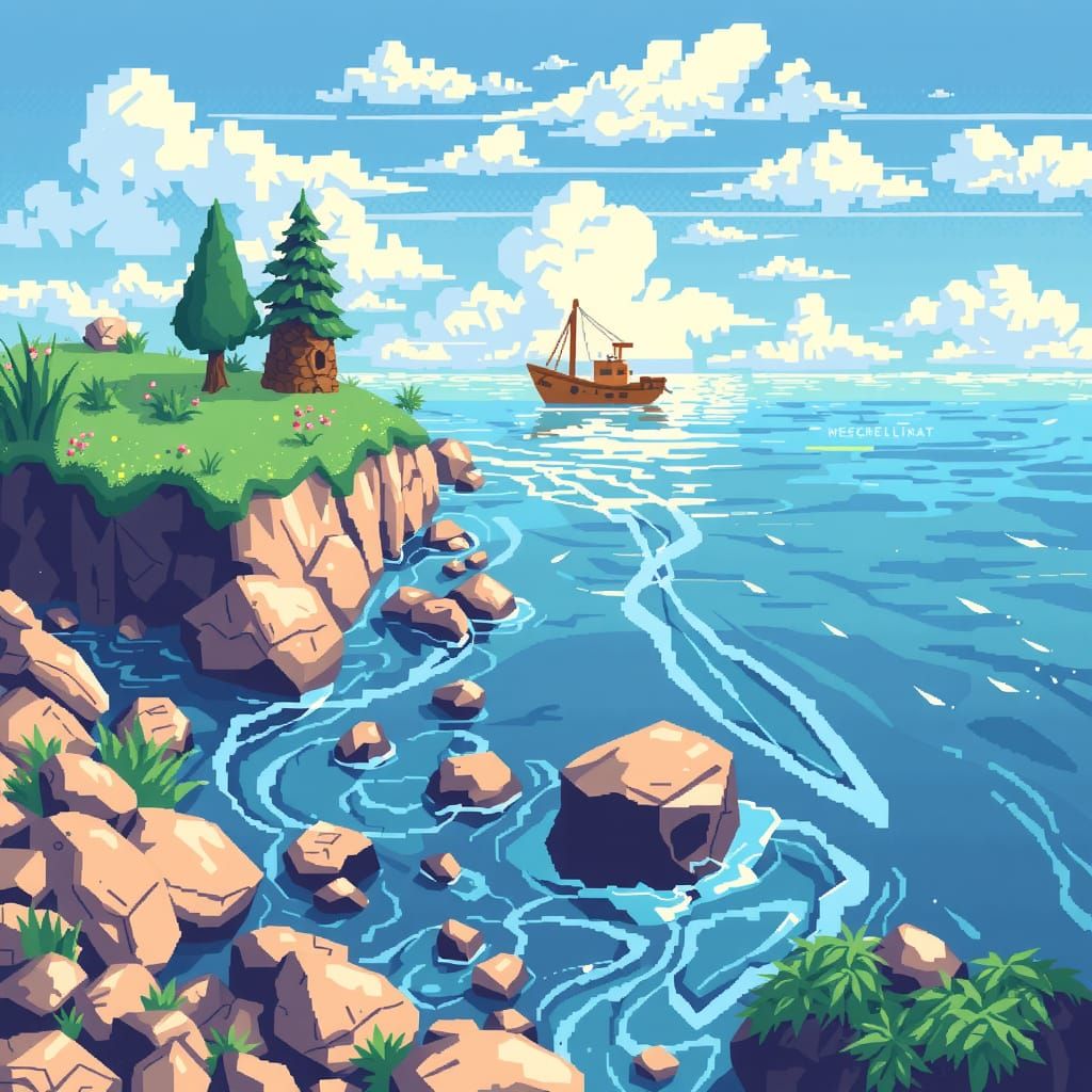 Pixelated Water Illustration in Retro Style