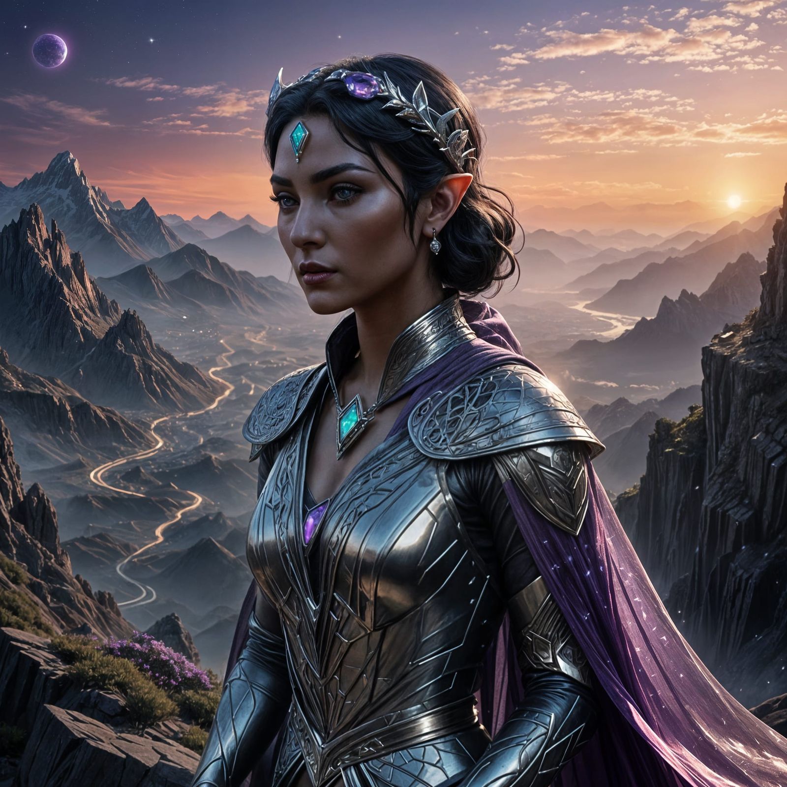 Hyper-Realistic Romulan Sci-Fi Drow Ascending Steep Mountain...