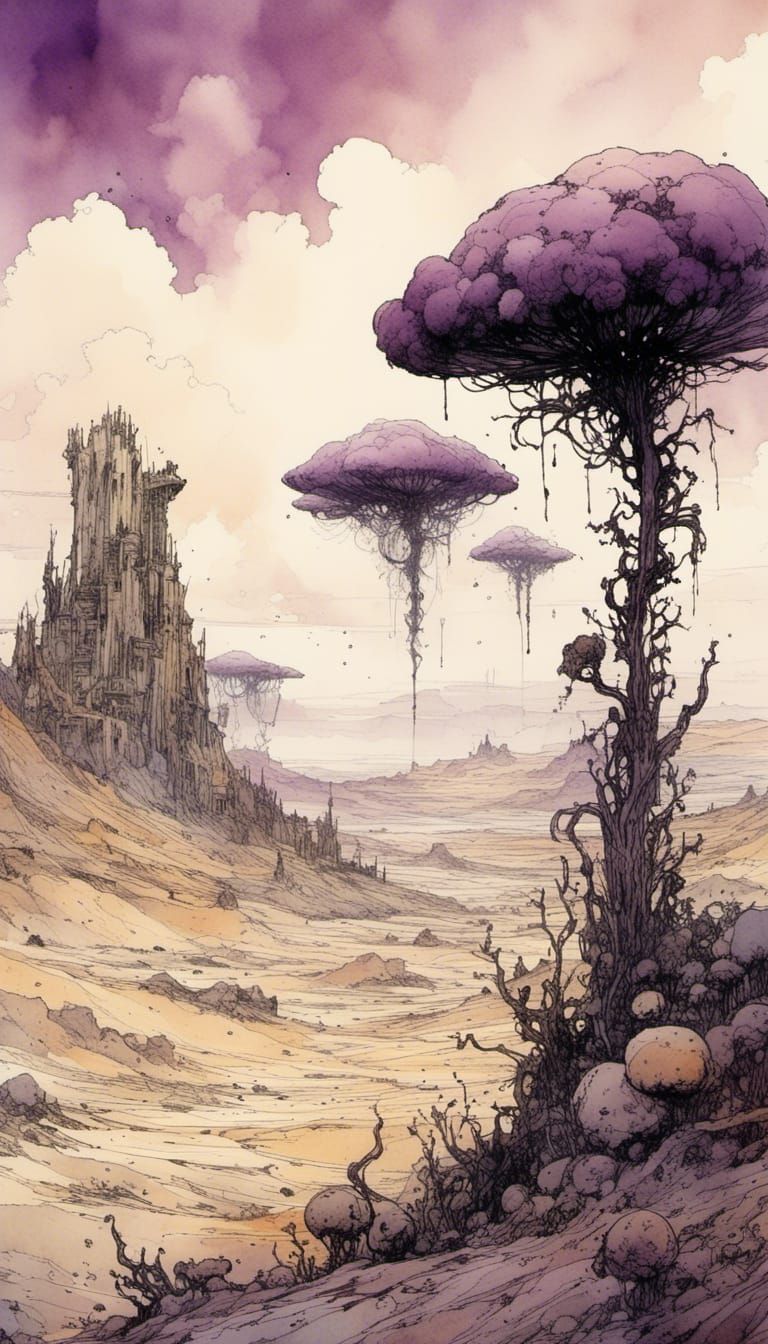 Desert Tableland with Alien Plants in Rackham Style
