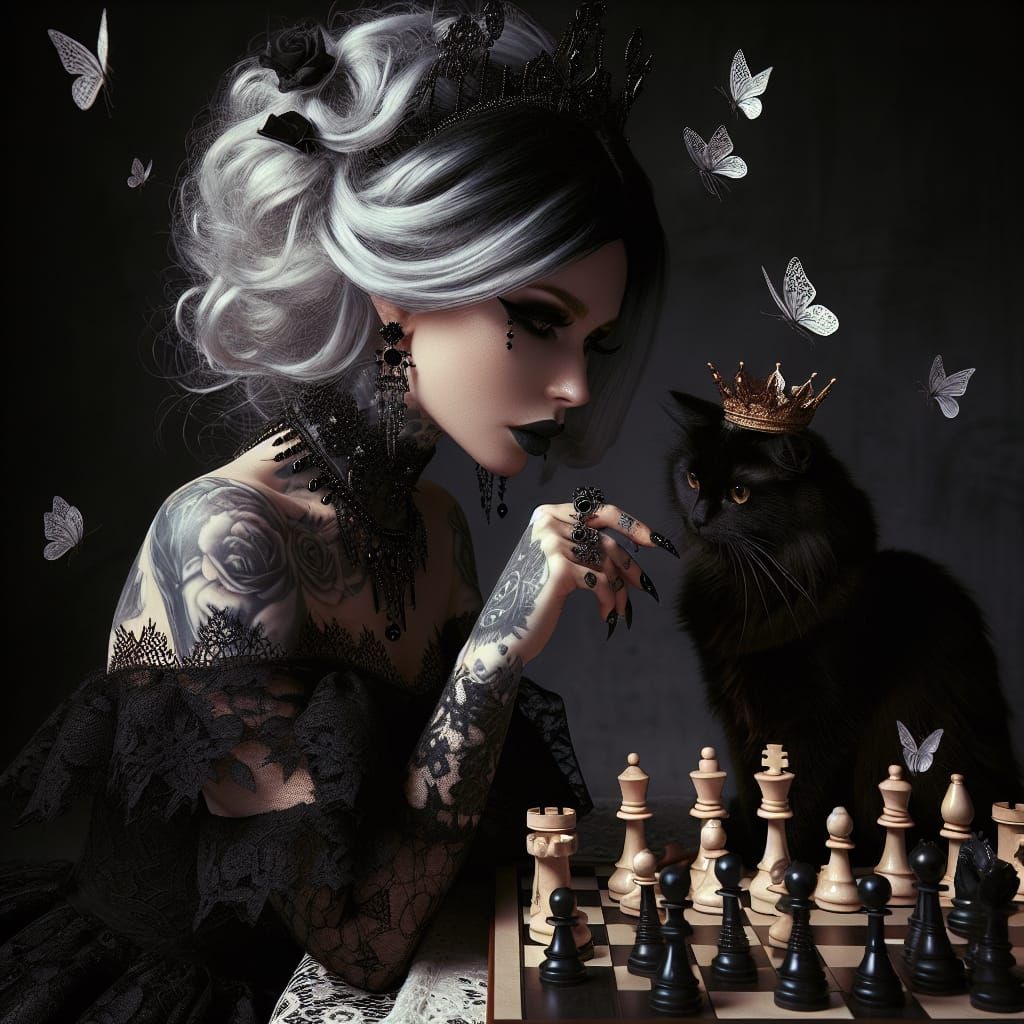 Gothic Woman Plays Chess with Cat in Hyperrealism
