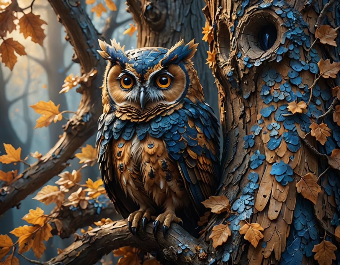 Wood Owl Camouflage in Autumn Oak Bark