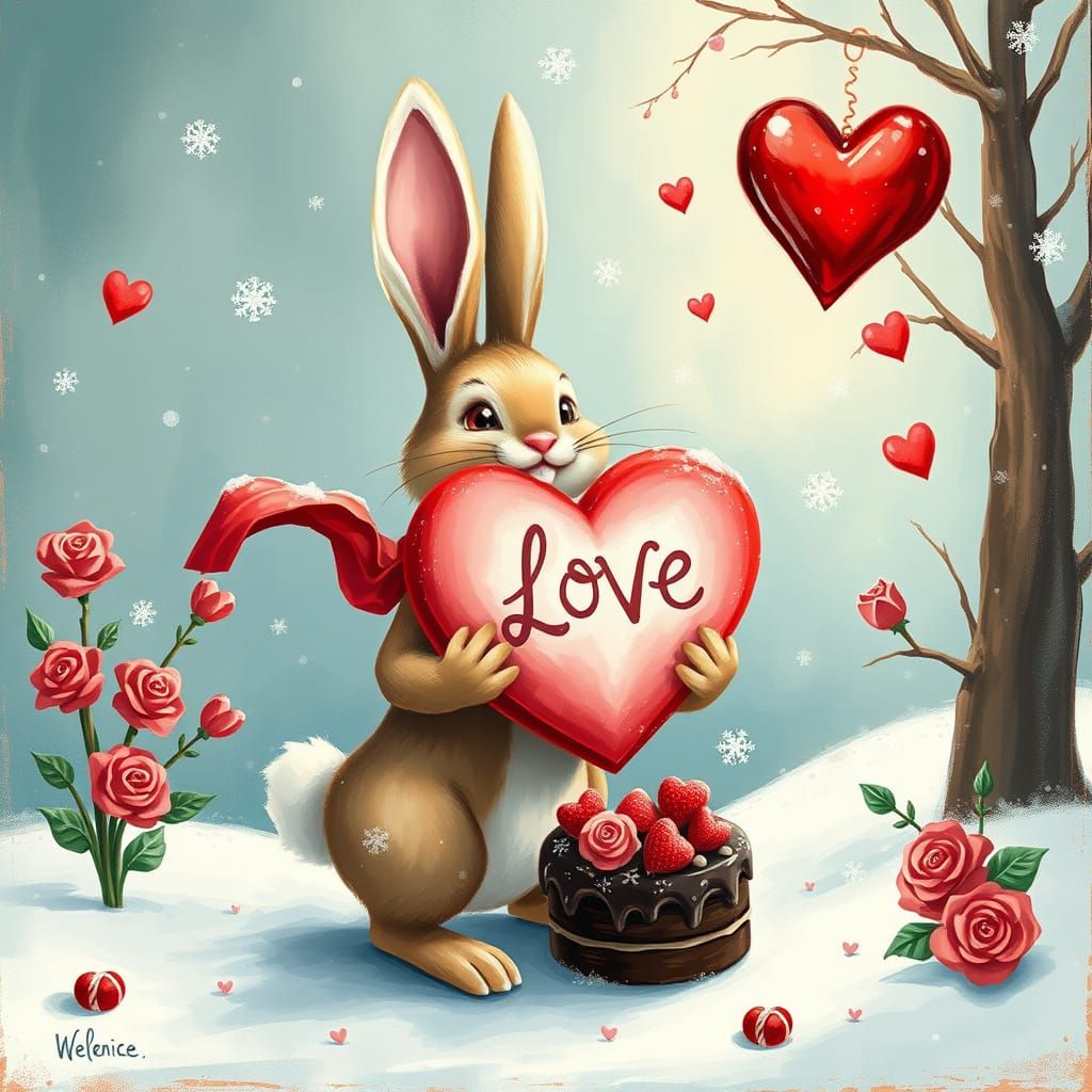 Whimsical Winter Wonderland with Joyful Bunny