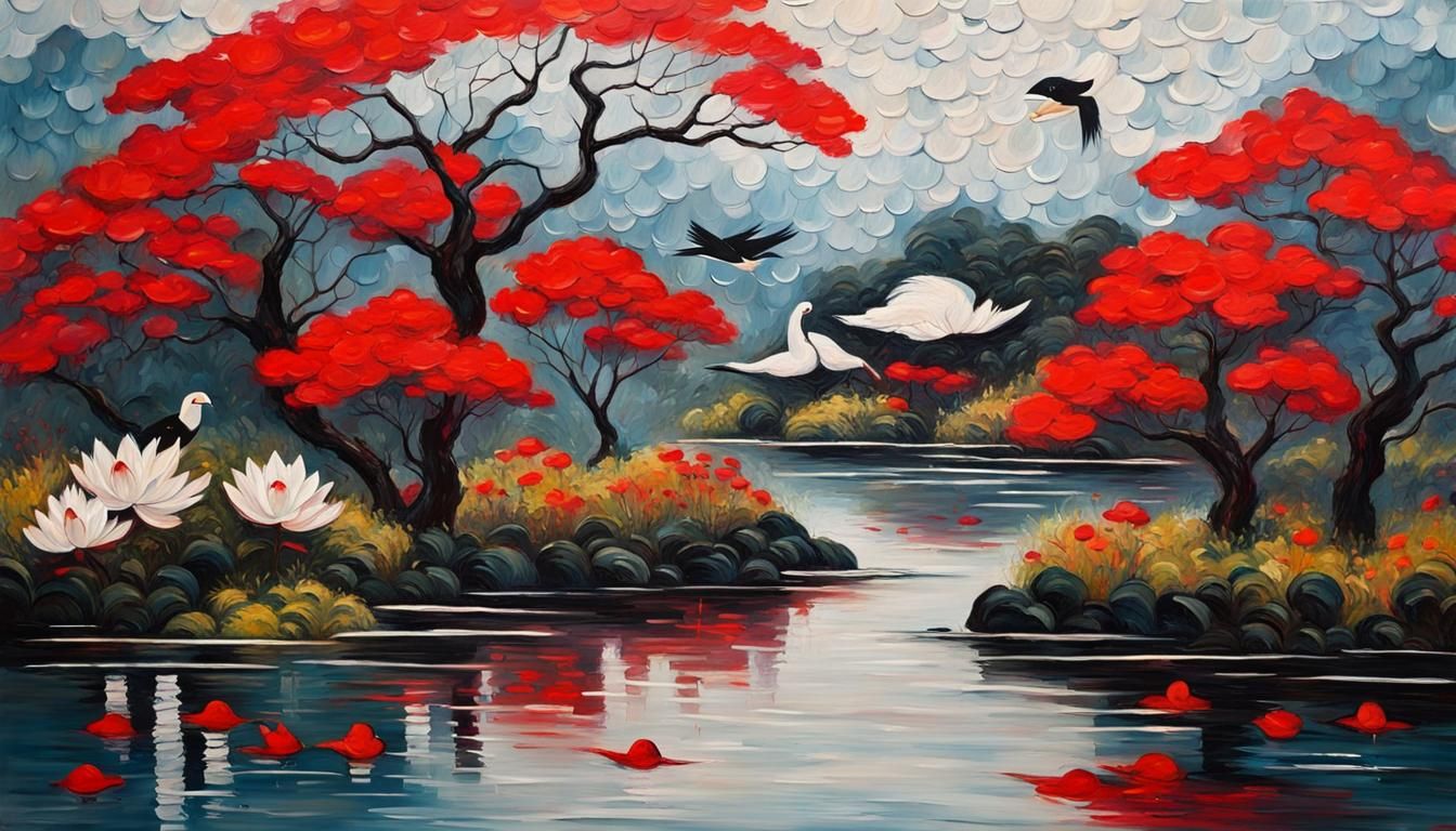 Japanese Landscape in Expressionist Oil Painting Style