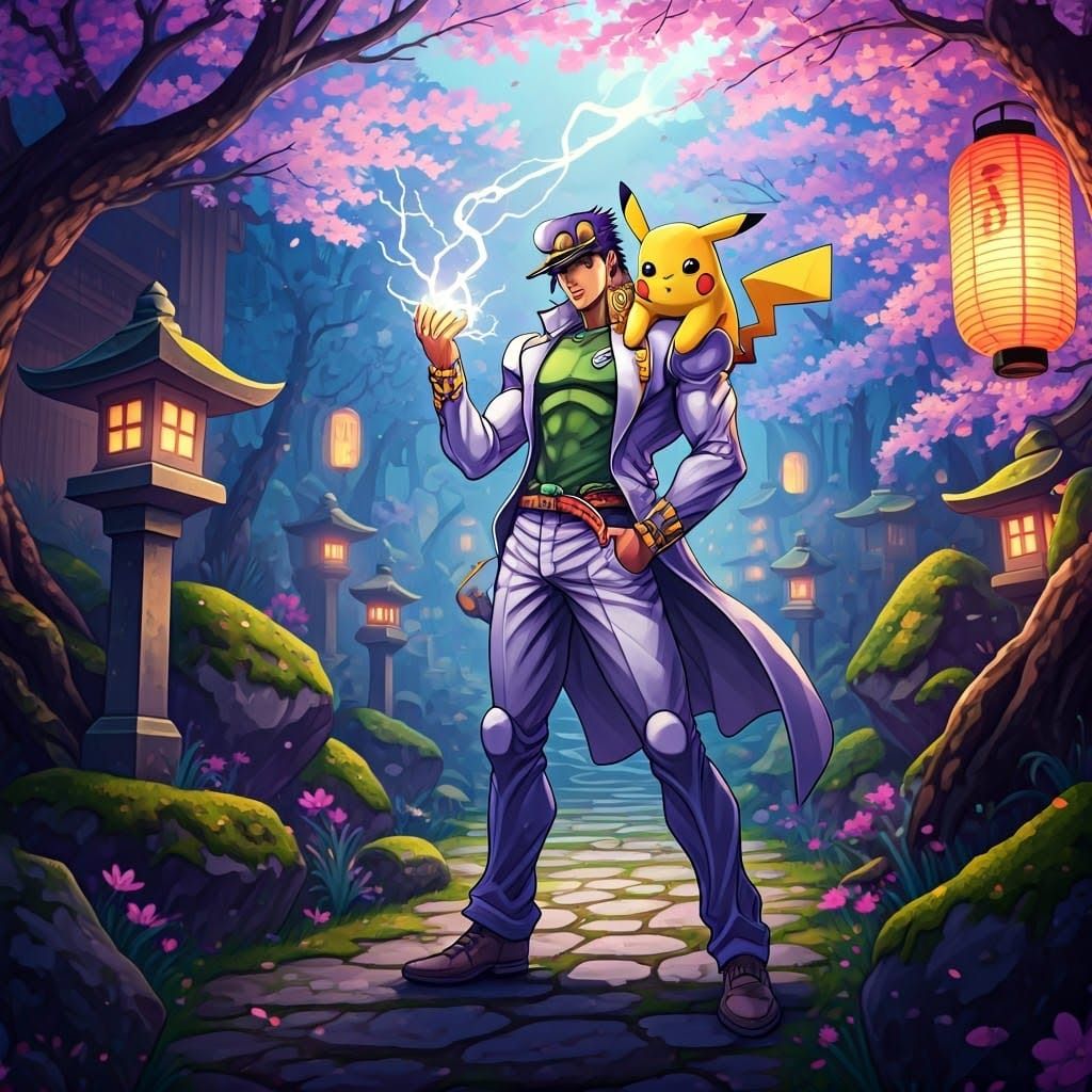 Jotaro Kujo and Pikachu in Vibrant Japanese Landscape