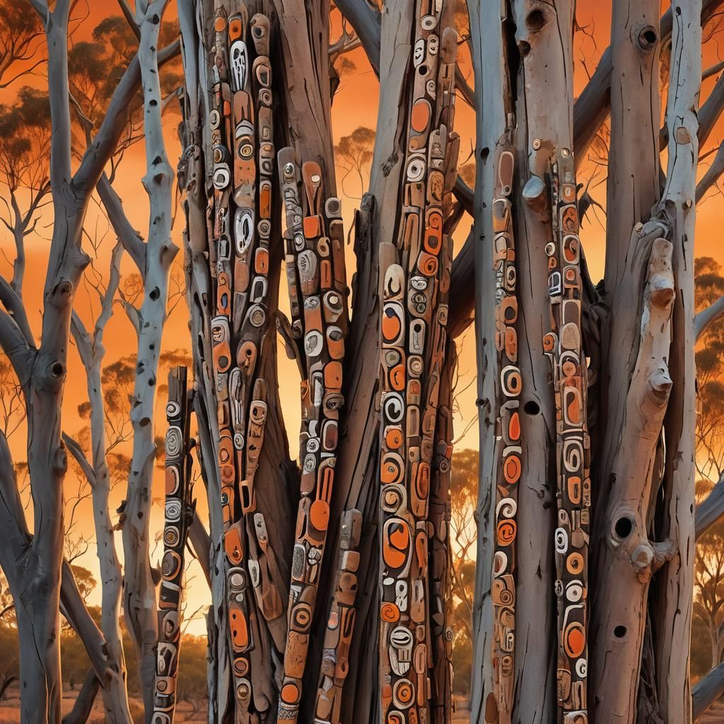 Aboriginal Talking Sticks at Sunset in Digital Painting