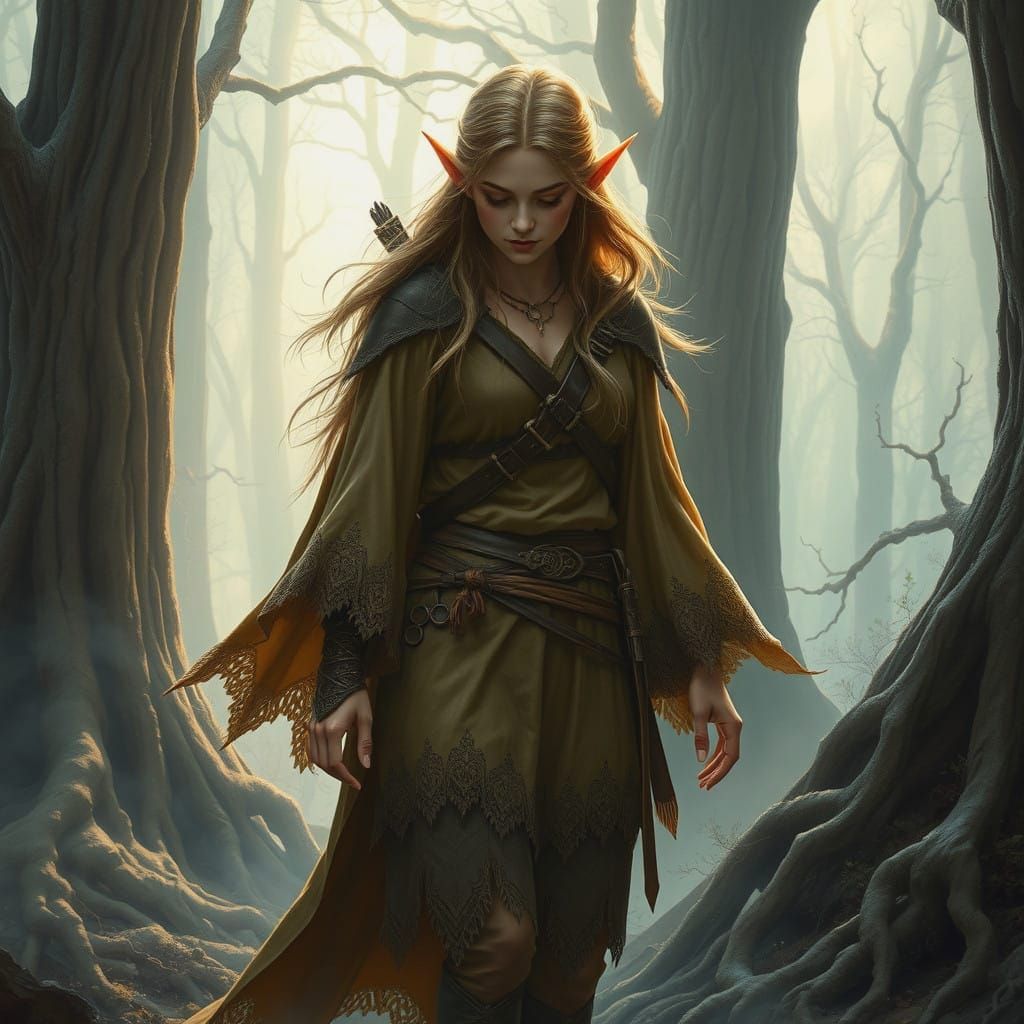 Elven Ranger in Whimsical Forest Landscape, Inspired by BROM