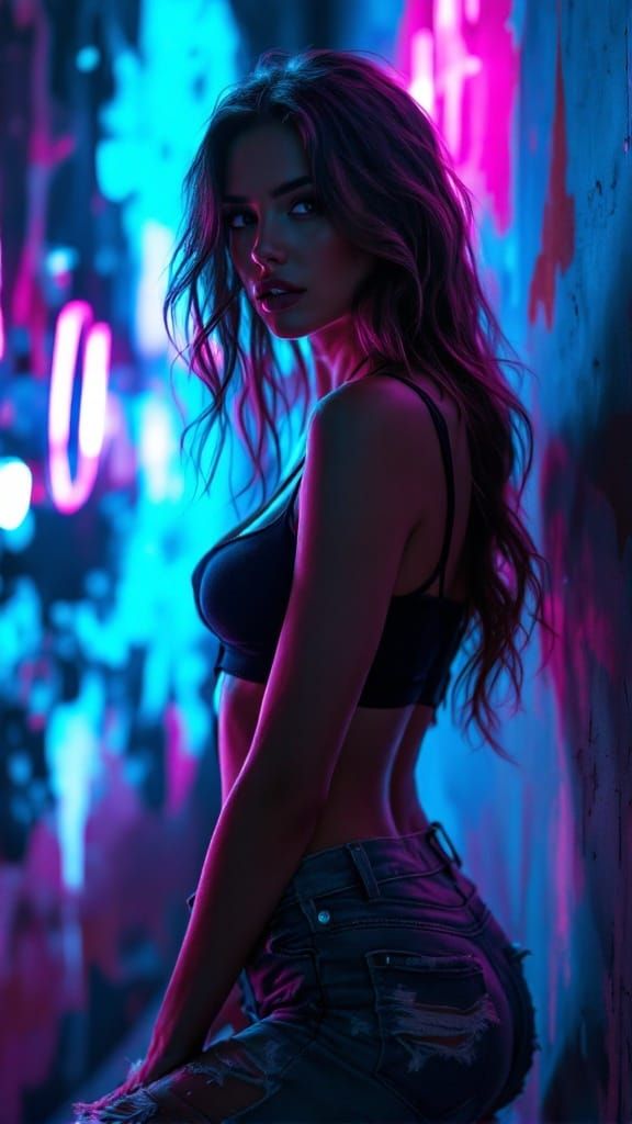 Sultry Neon Noir Fashion Concept with Distressed Denim and H...
