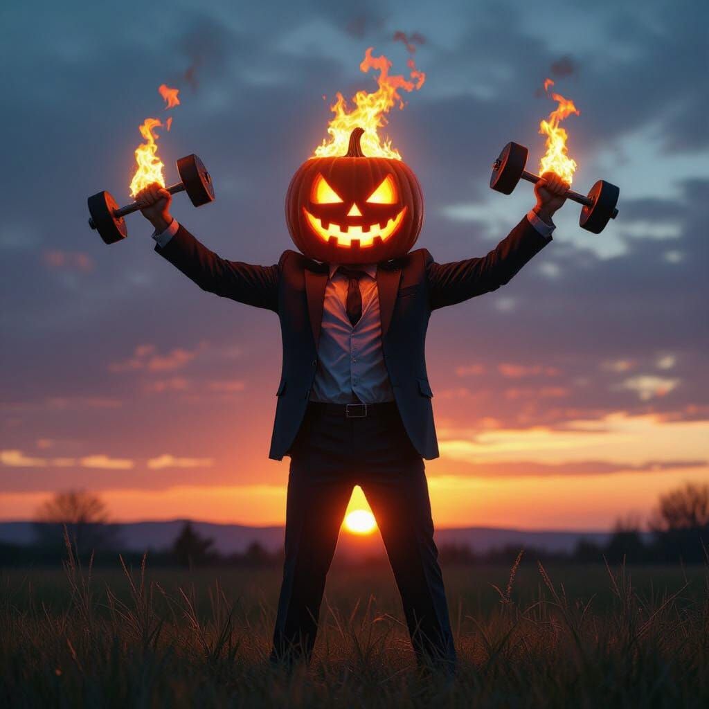 Man With Fiery Pumpkin Head Holds Flaming Dumbbells