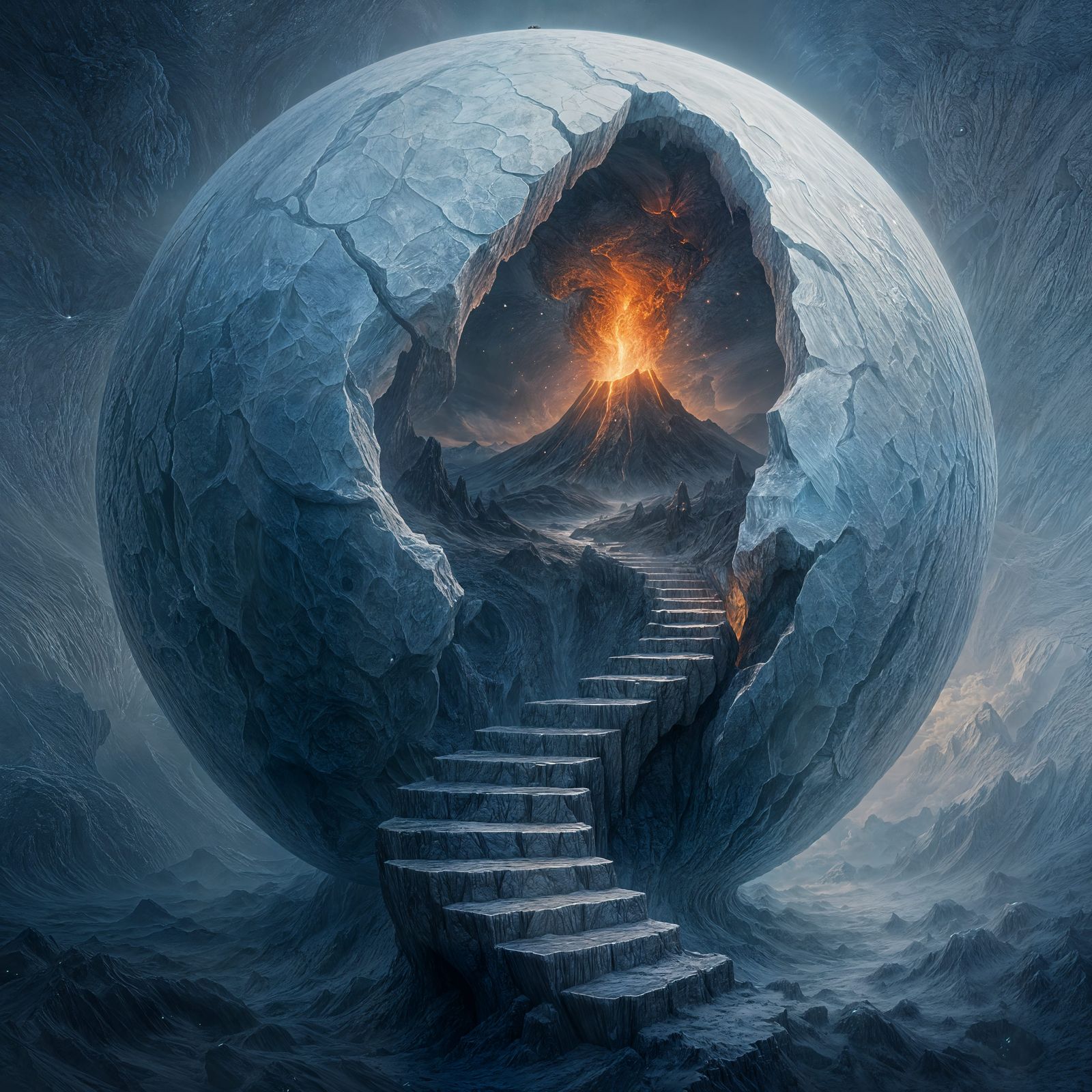 Giant Cracked Ice Sphere Reveals Fantasy World and Volcano