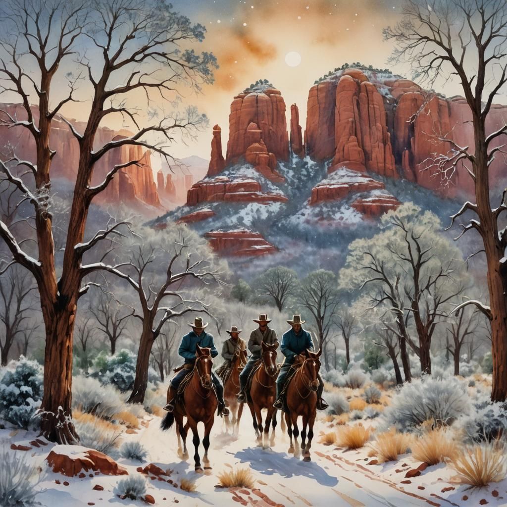 Cowboys in Snow-Covered Red Rock Country