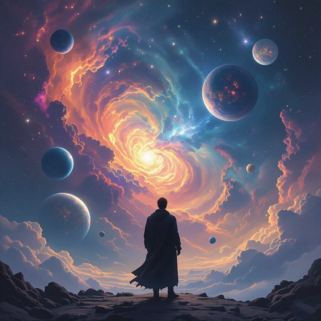 Cosmic Man Contemplating Universe with Orbiting Planets