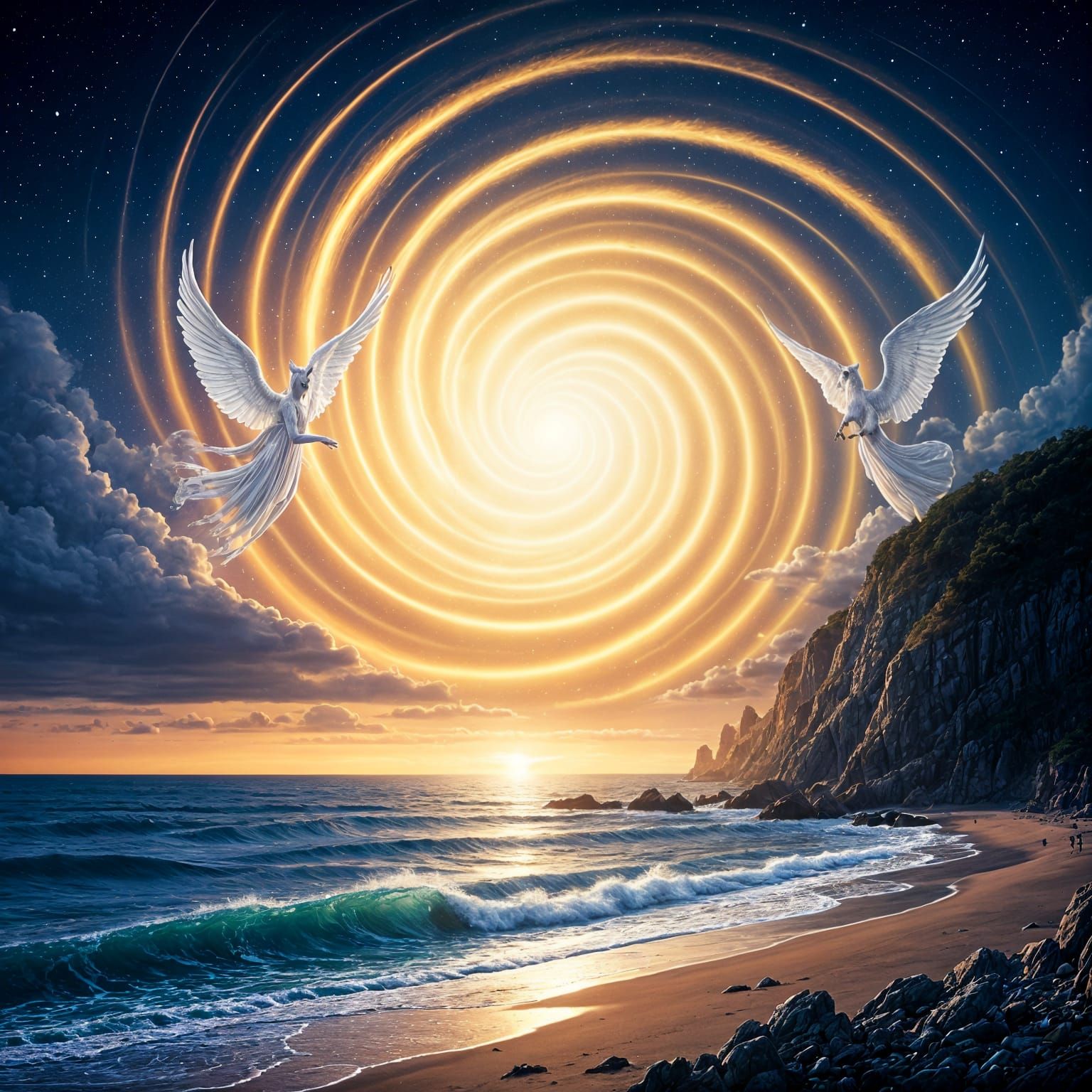 Majestic Ghost Horses and Angels Unite on Beach at Dusk in S...