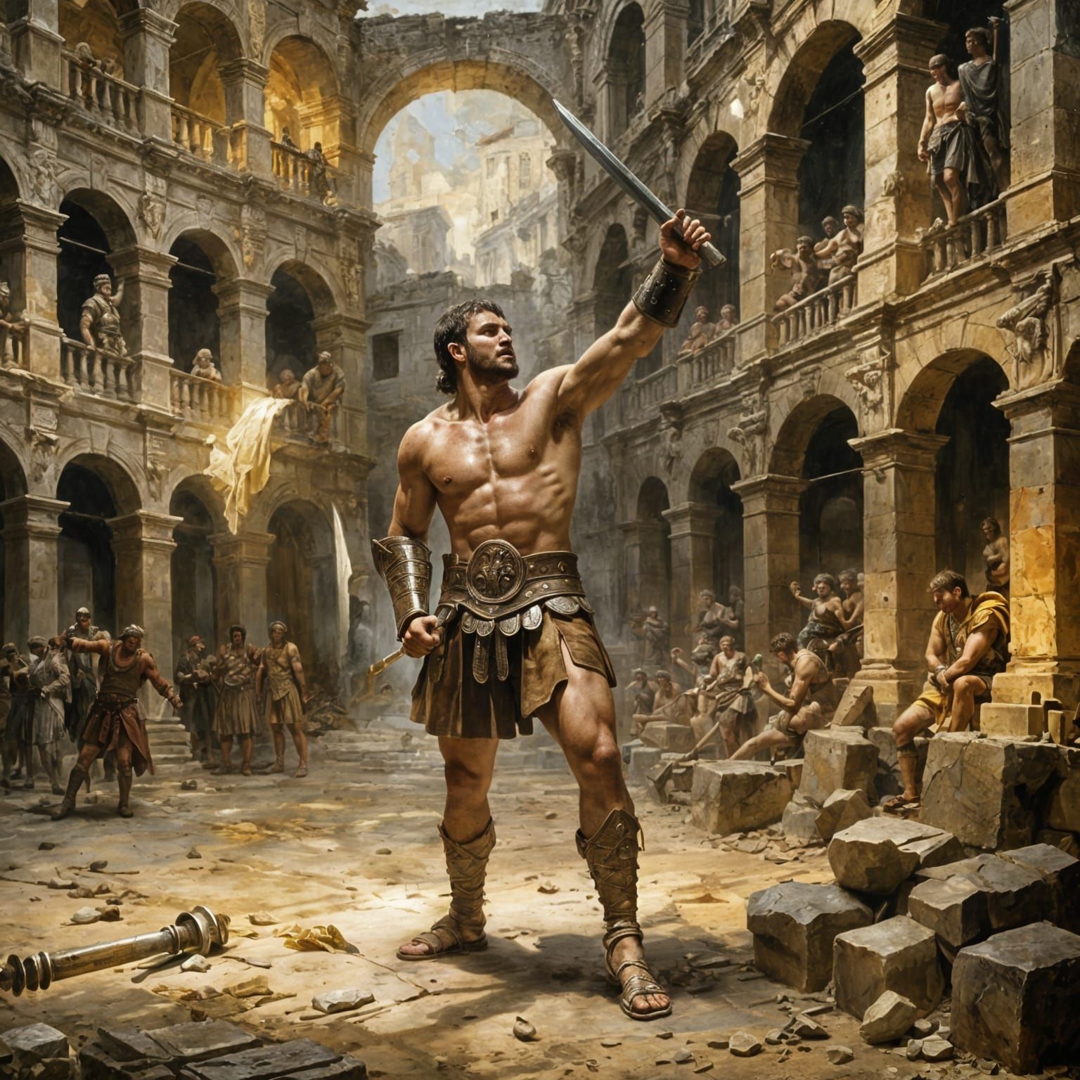 Gladiator Victory Rendered as Impressionist Oil Painting