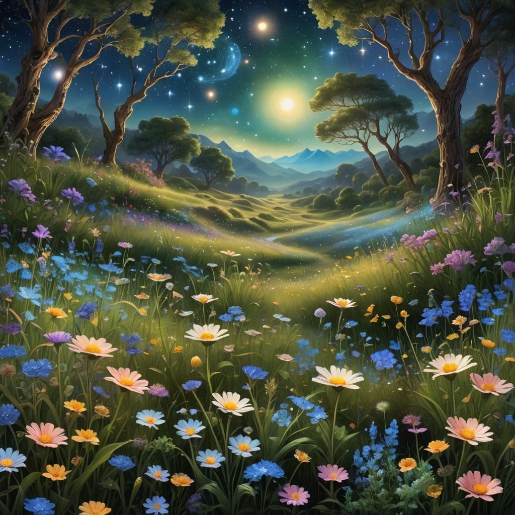 An enchanted meadow blooms under a canopy of stars and cosmi...