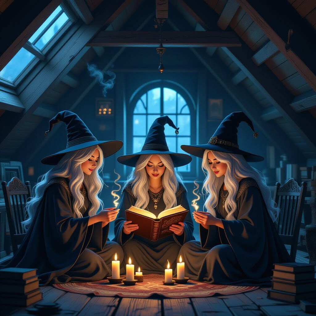 Witches Casting Spells in a Mystical Attic