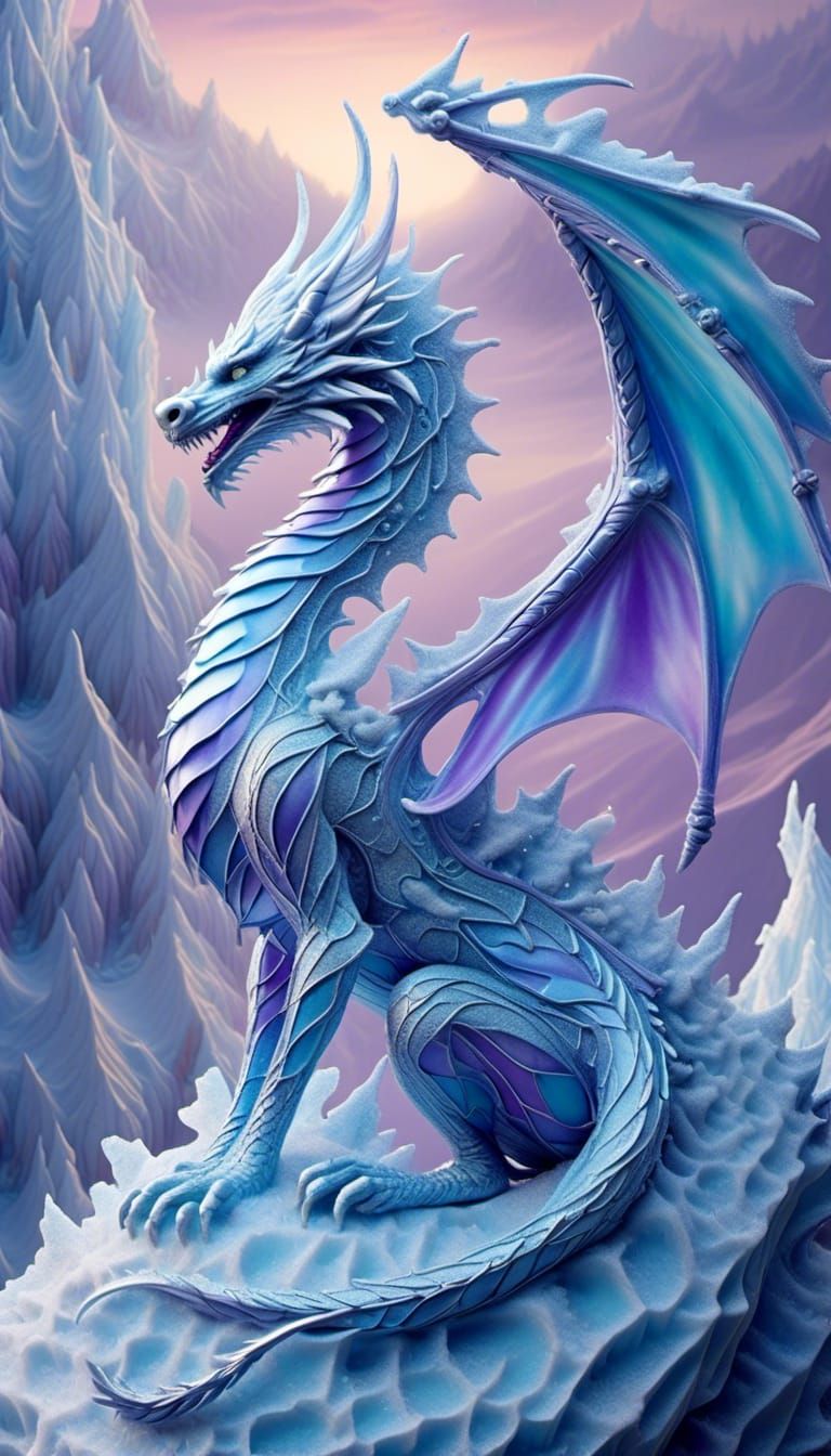 Delicate Ice Dragon on Frosty Peak: Surreal Oil Painting