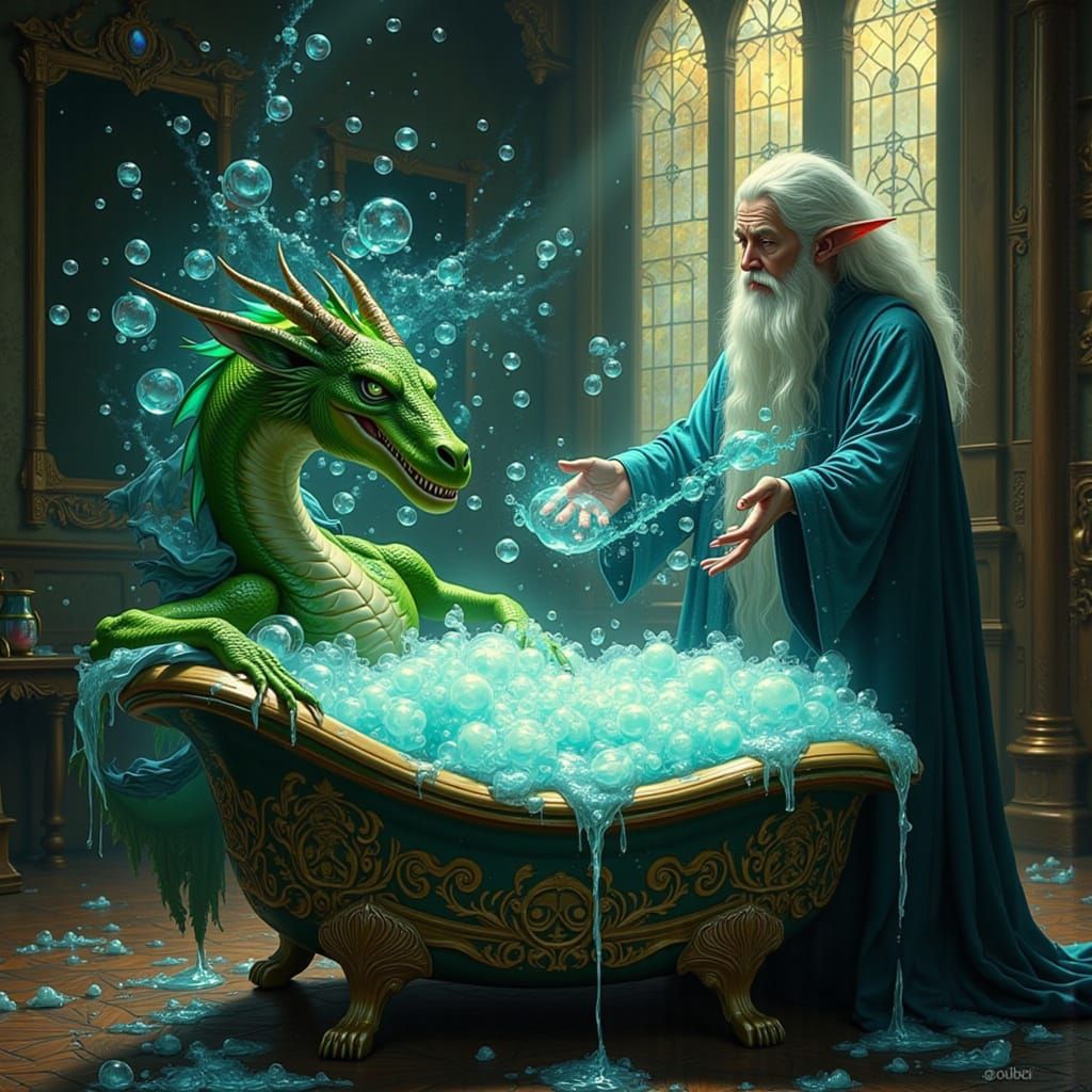 Wizard Gives Dragon a Magical Bubble Bath in Storybook Style