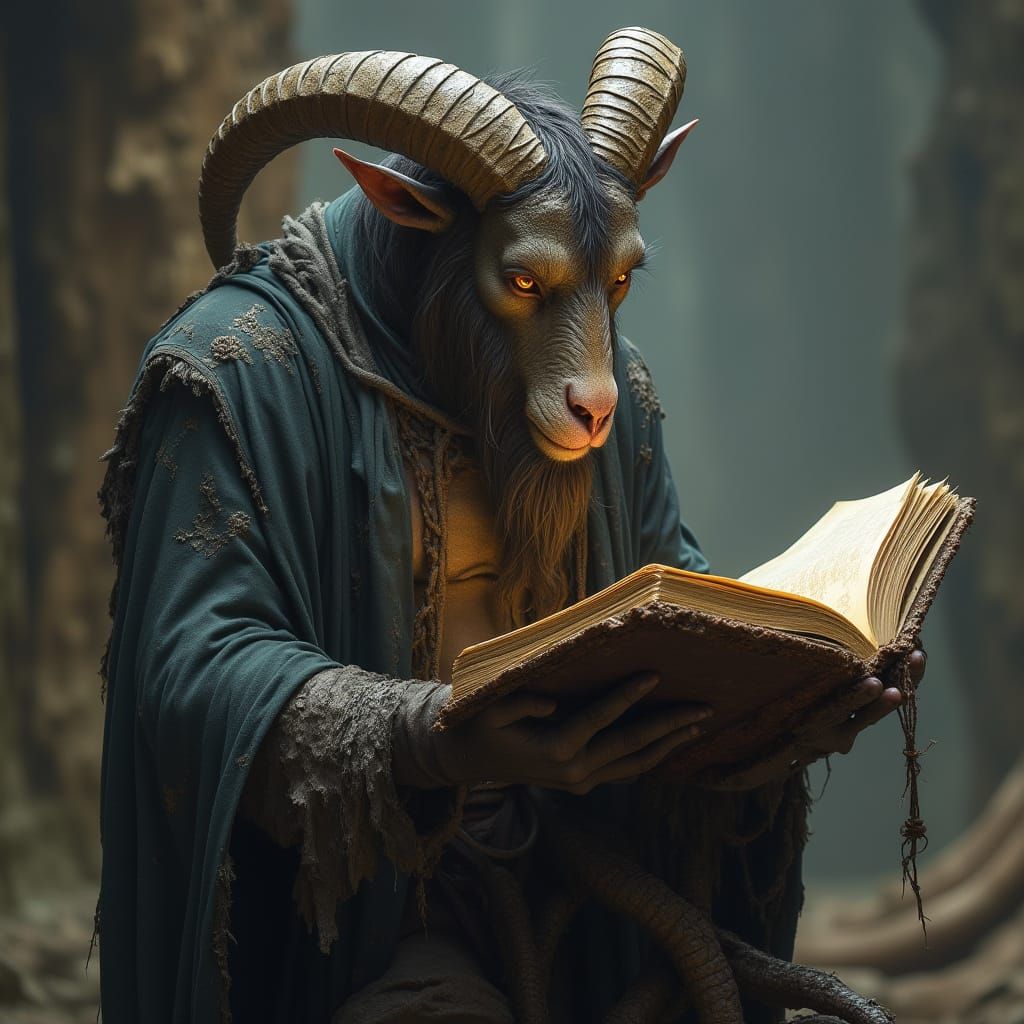 Menacing Pictish Goat-Man Reading Ancient Tome