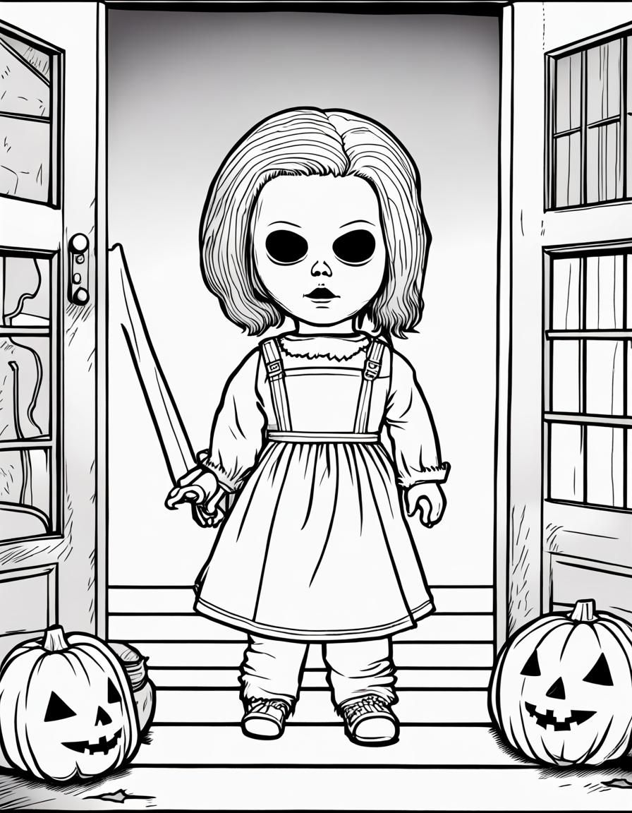 Halloween Doll with Michael Myers Mask Coloring Page
