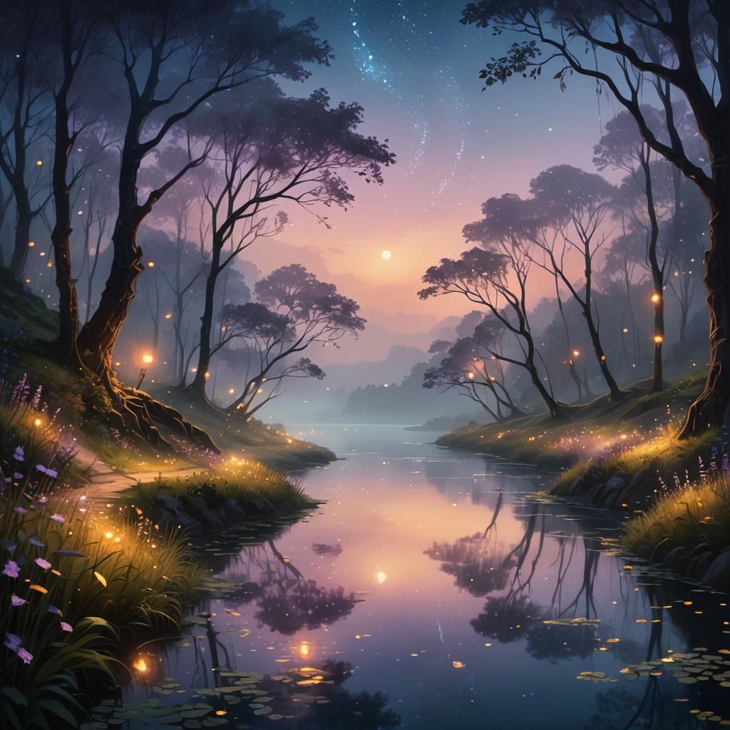 Ethereal Fantasy Landscape with Fireflies and Misty Road