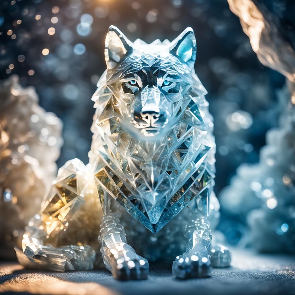 Crystalline Wolf in Crystal Cave with Sunbeams