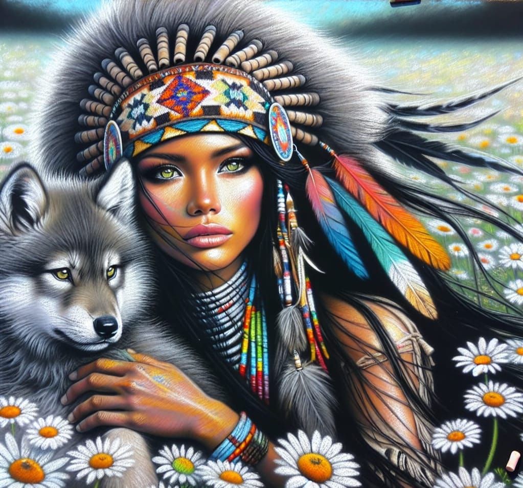 Native American Woman with Wolf Cub in Chalk and Acrylic