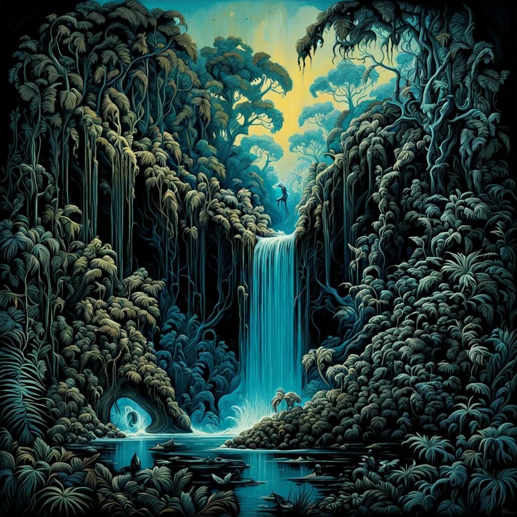 Bioluminescent Waterfall in Dark Jungle, Intricate Illustrat...