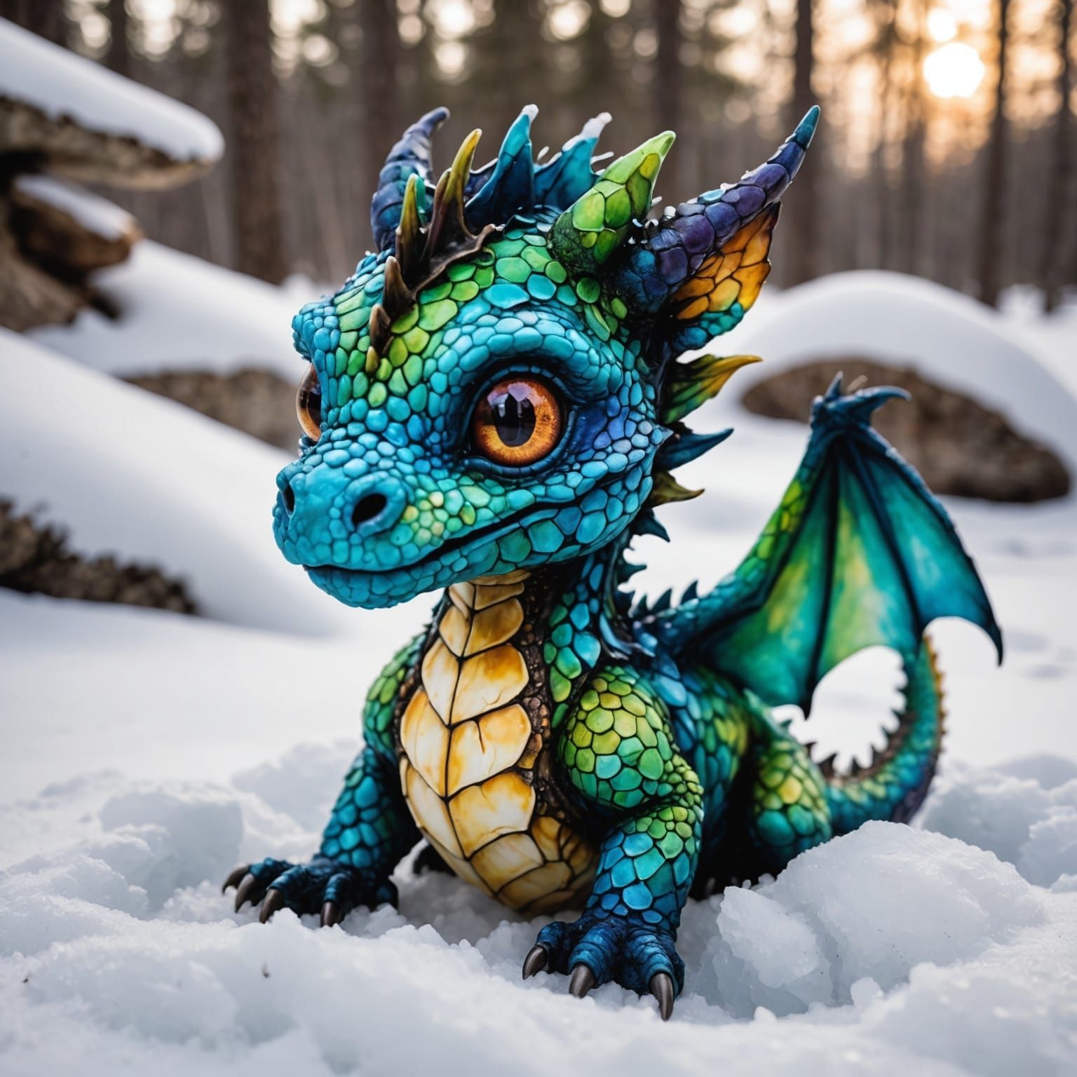 Baby Dragon in Snowbank, Alcohol Ink Art