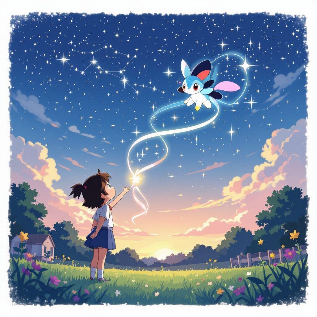Magical Anime Girl Meets Jirachi Under Starry Night