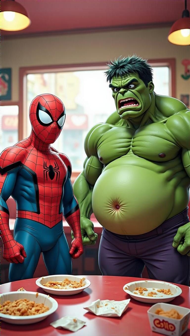 Superheroes Gasp in Comedic Weight Gain Surprise