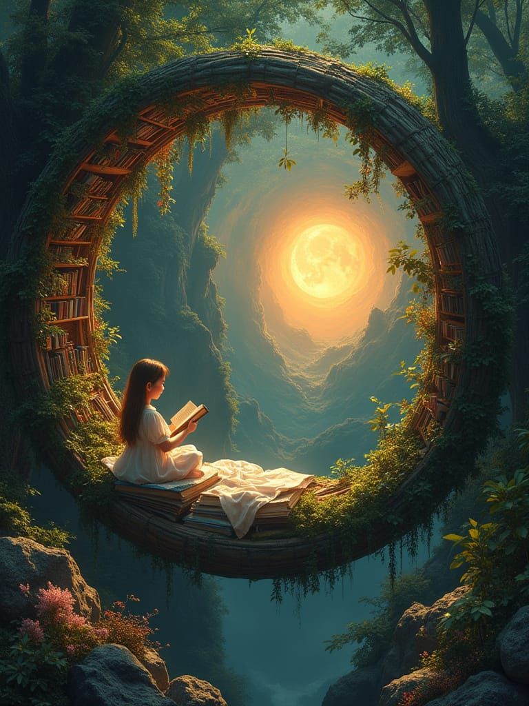 Cosy Floating Cubby in an Eternal Library Under Profoundly L...