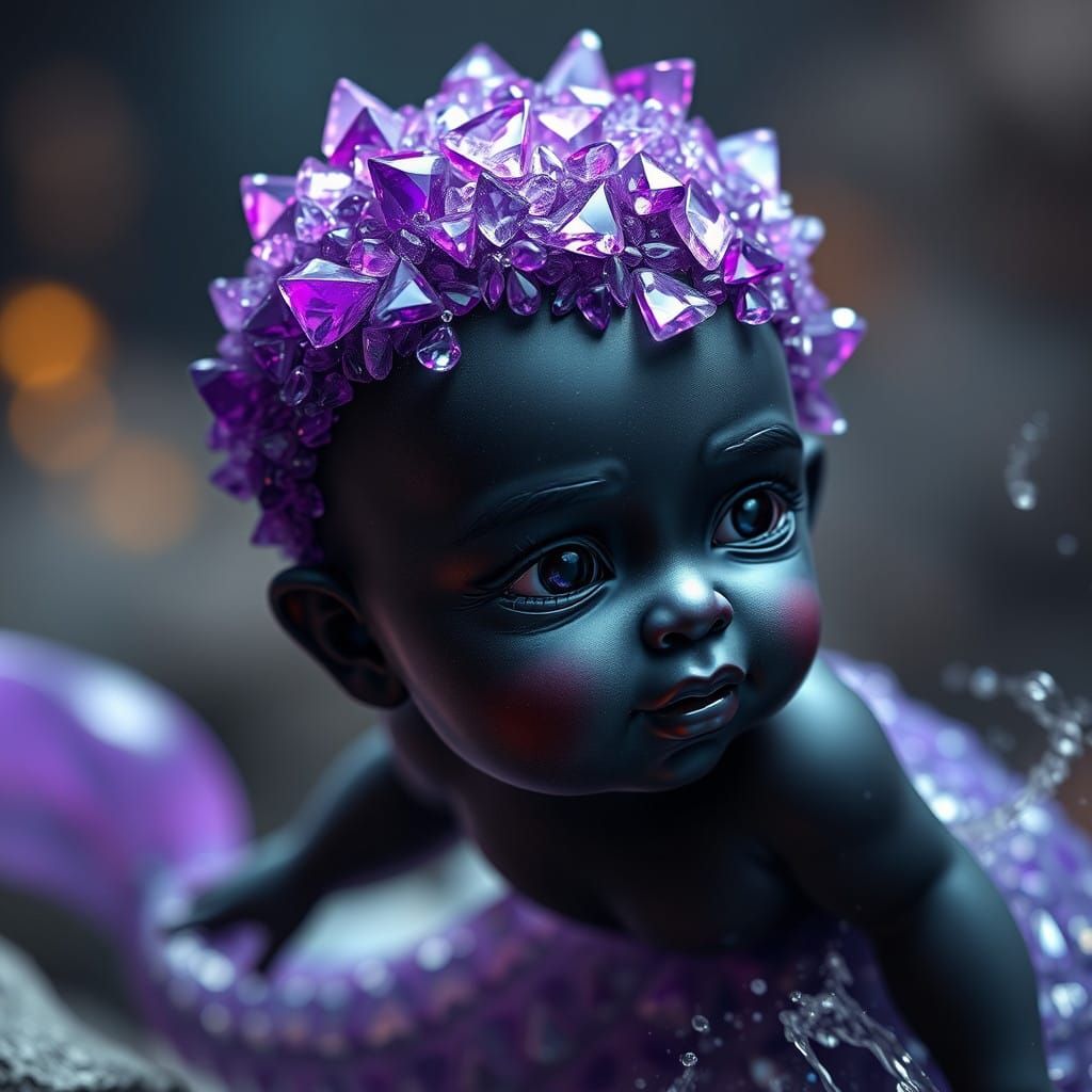 Ebony Skin Mermaid in Whimsical Amethyst and Sapphire Hues