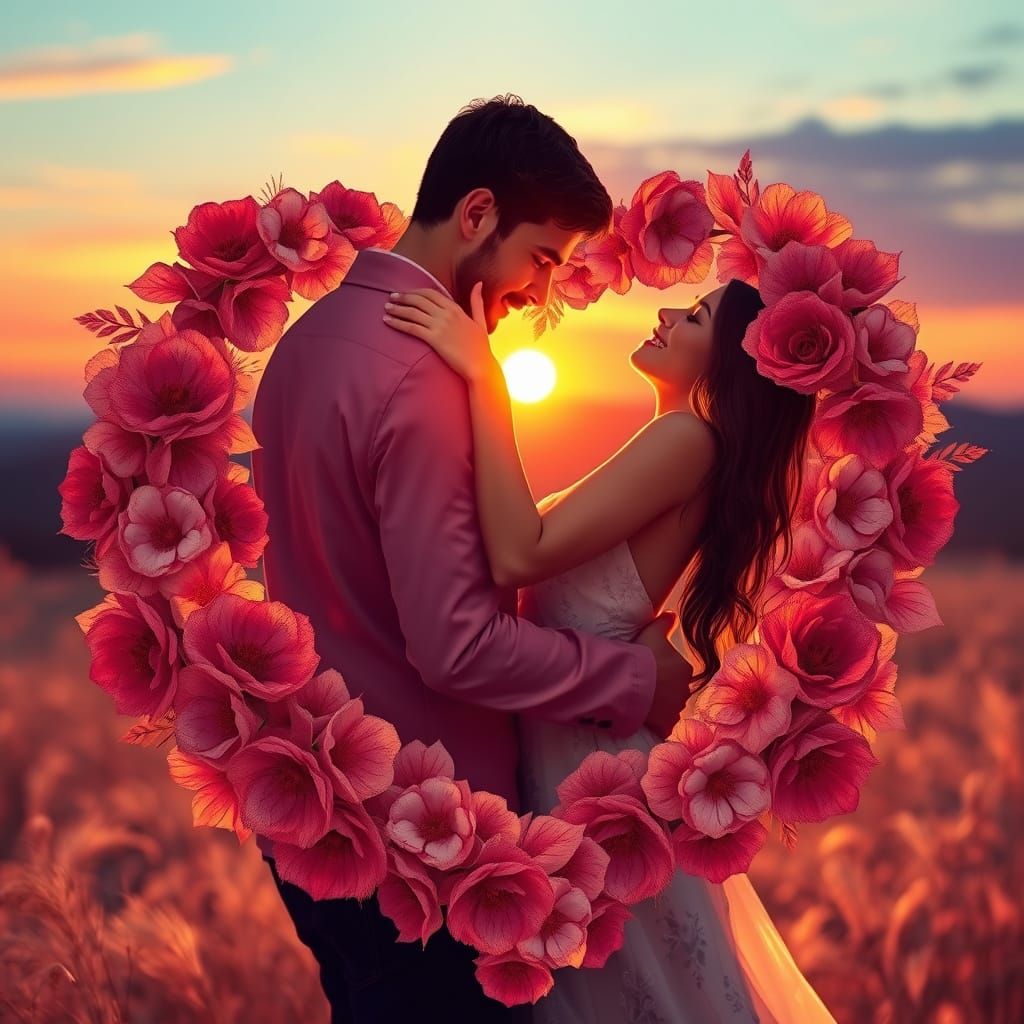 Couple's Embrace in Floral Heart Sunset
