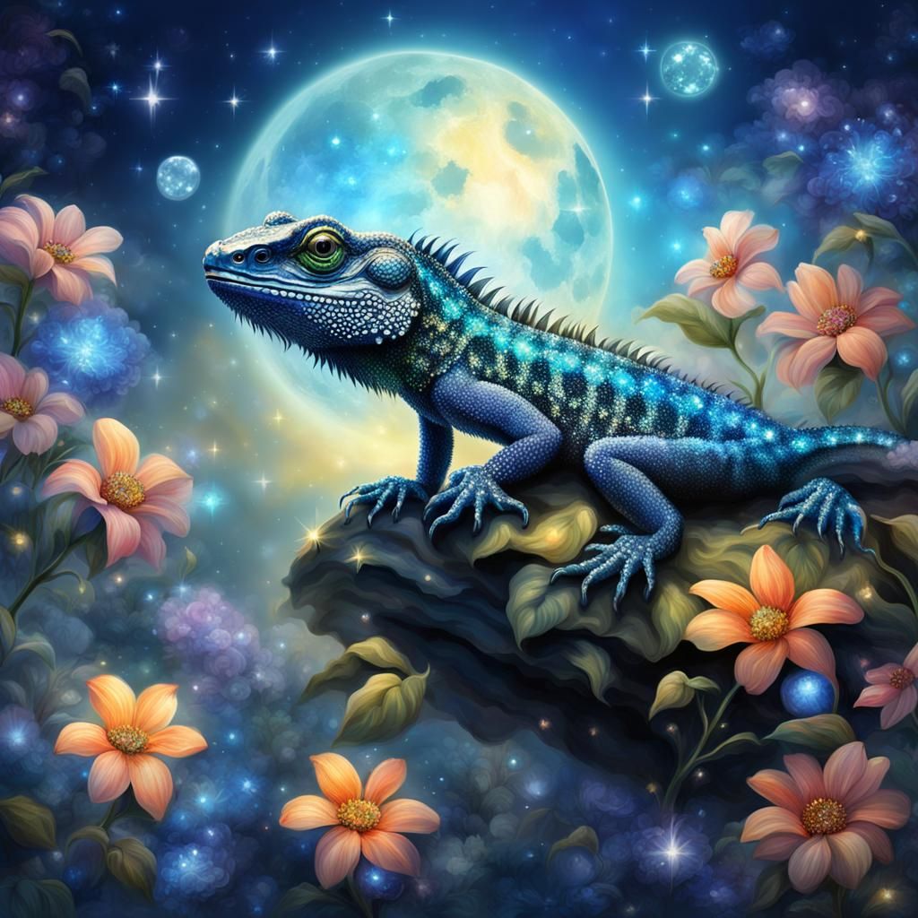 Mystic Lizard in Bejeweled Night Scene