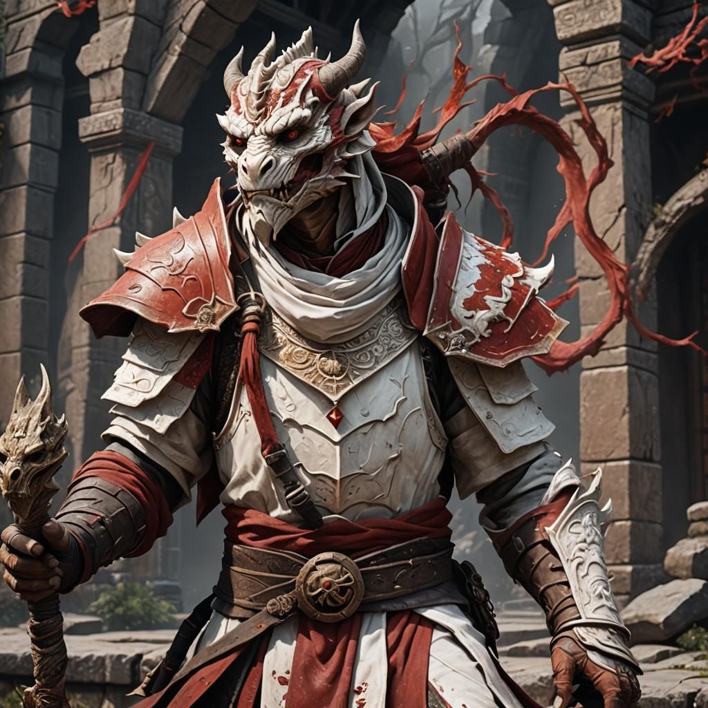 Dragonborn Monk with Red-Tinted Skin: Fantasy Concept Art