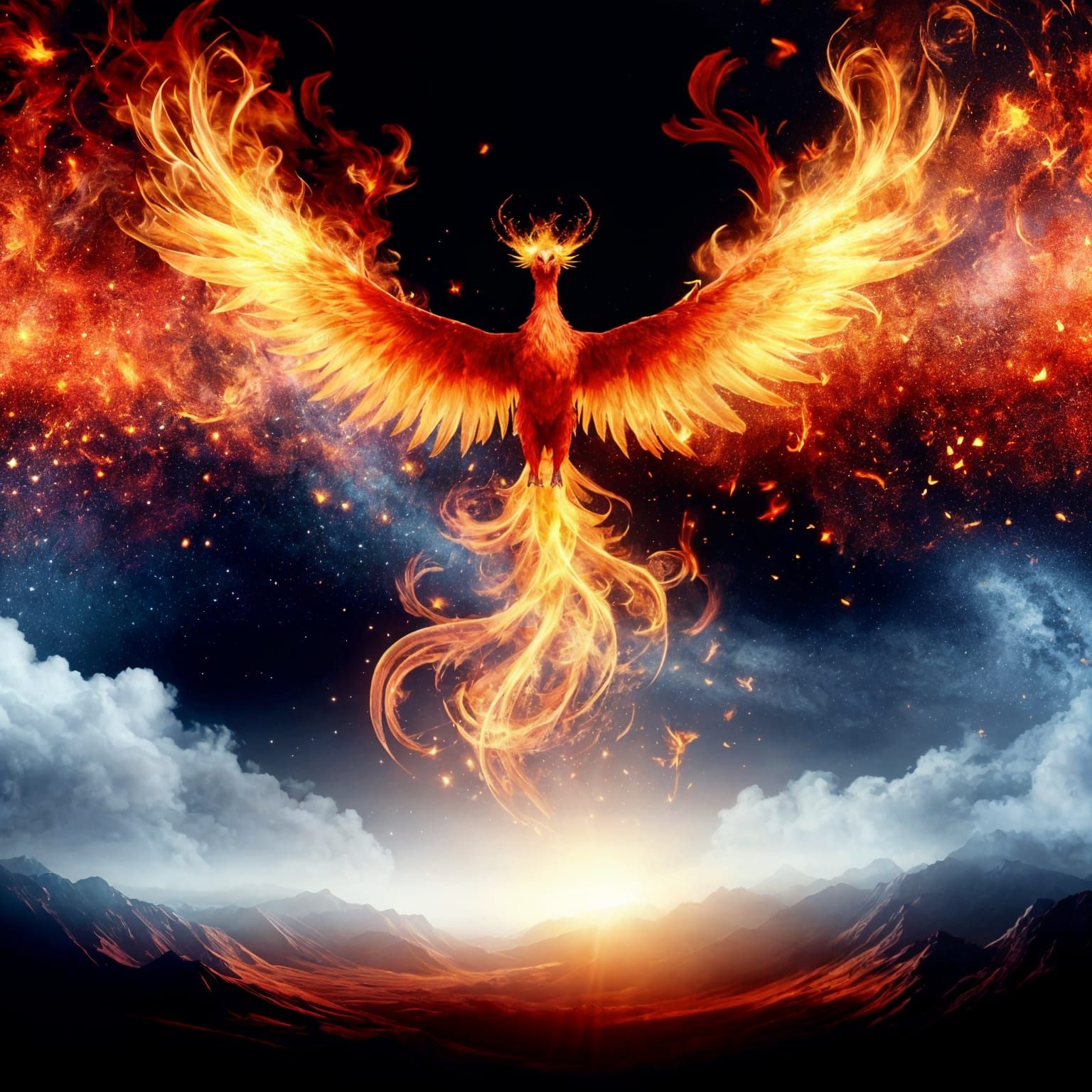 Majestic Phoenix Ablaze in Night Sky