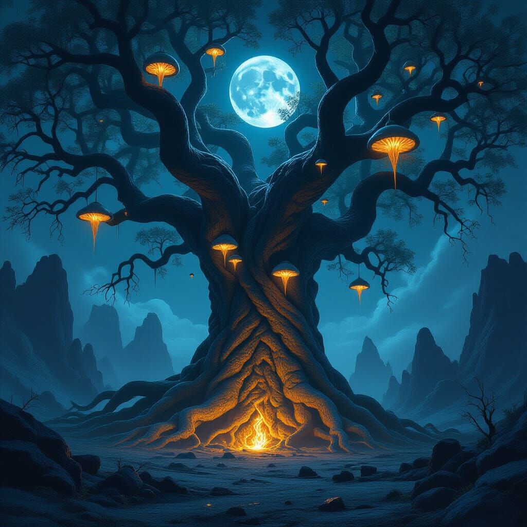 Ancient Serpent Tree in Alien Landscape: Dark Fantasy Concep...