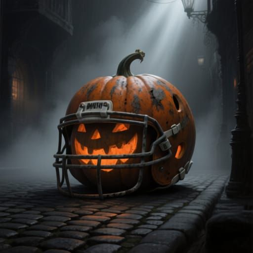 Giant Pumpkin Football Helmet in Misty Fantasy Scene