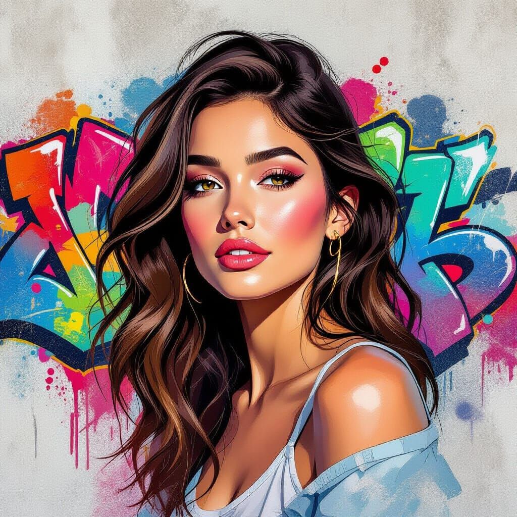 Woman with Gradient Hair Amidst Vibrant Graffiti Art