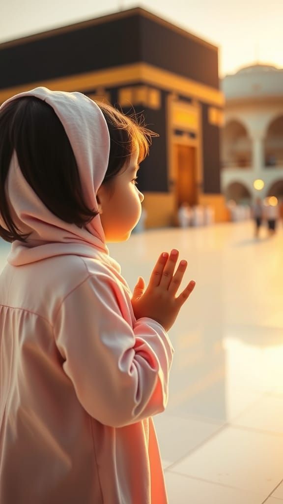 Baby Girl Praying Towards Kaaba in Golden Hour Light