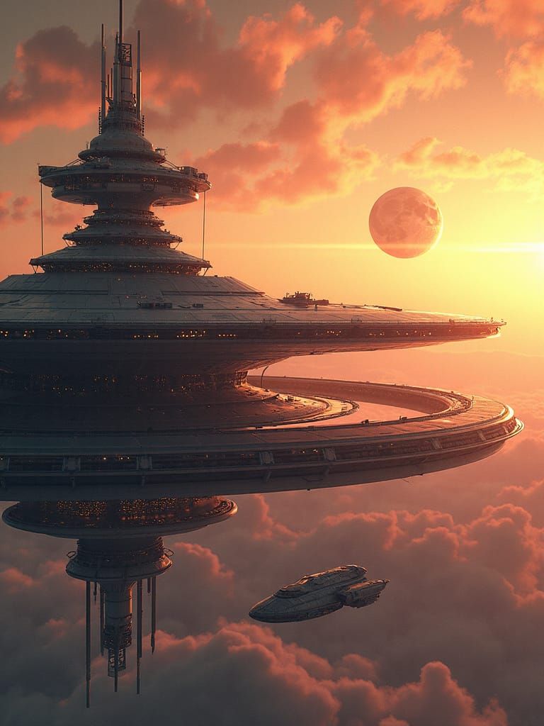 Futuristic Space Station Vista with Sunrise and Spaceship