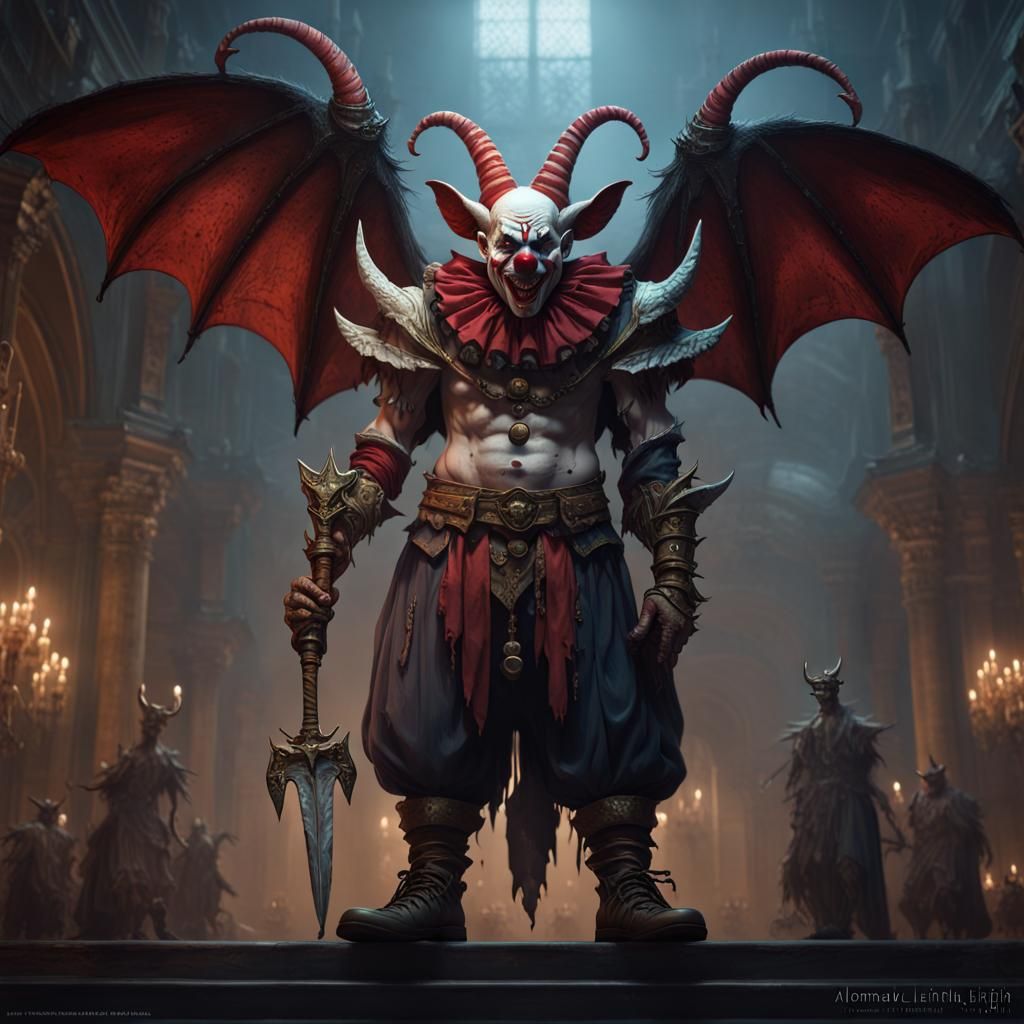 Demonic Clown with Tusks and Bat Wings