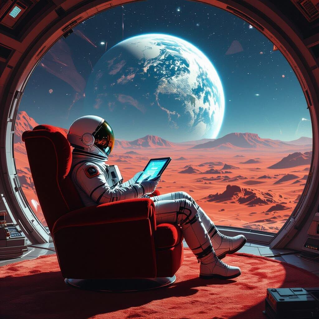 Astronaut Reads in Mars Biodome: Retro-Futuristic Sci-Fi