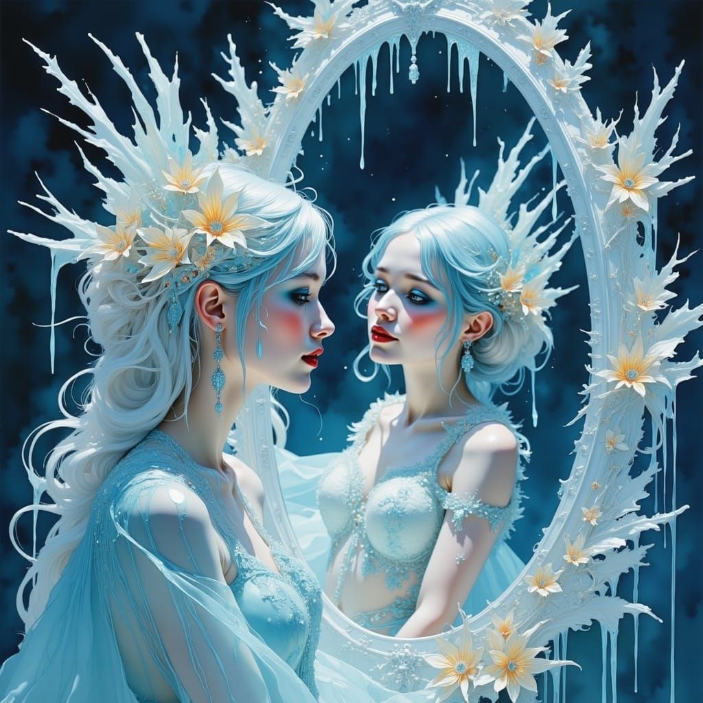 Snow Queen's Face Reflected with Crystalline Icicles
