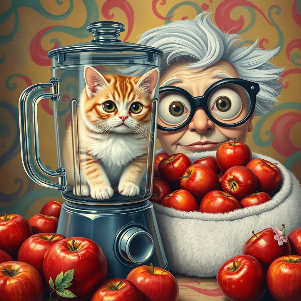 Whimsical Wonderland with Curious Elderly Woman and Fluffy C...