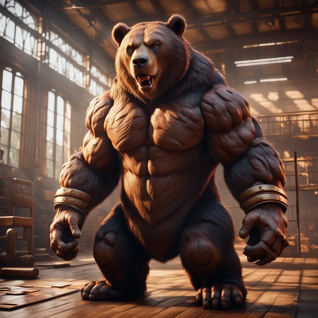Muscular Bear Training in Gym: 3D Cinematic Render