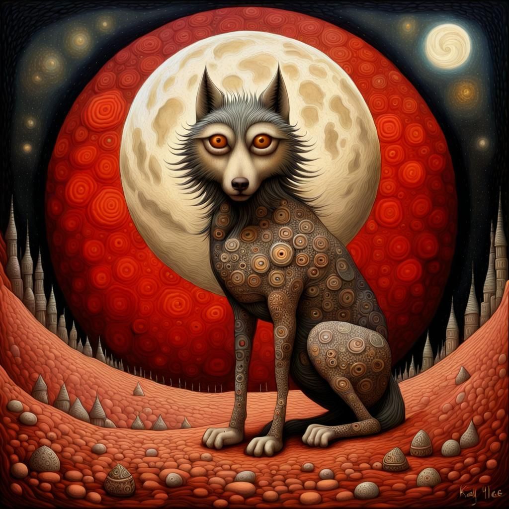 Wolf on Moon Gazing at Red Earth