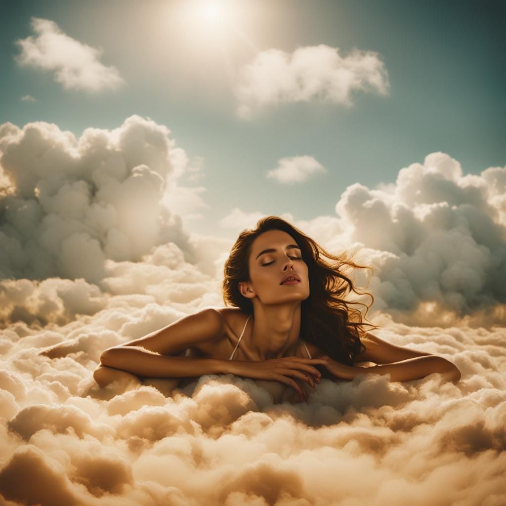 Spanish Girl Sunbathing on a Cloud: Cinematic Film Still