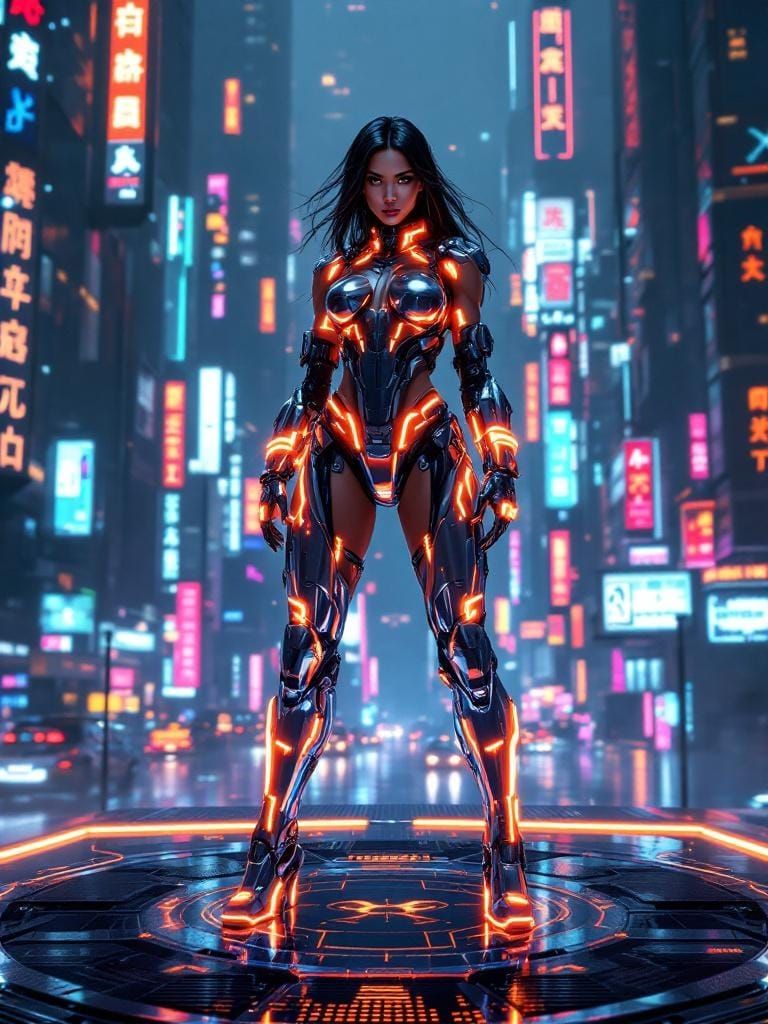 Cyberpunk Woman in Chrome Armor on Neon Platform