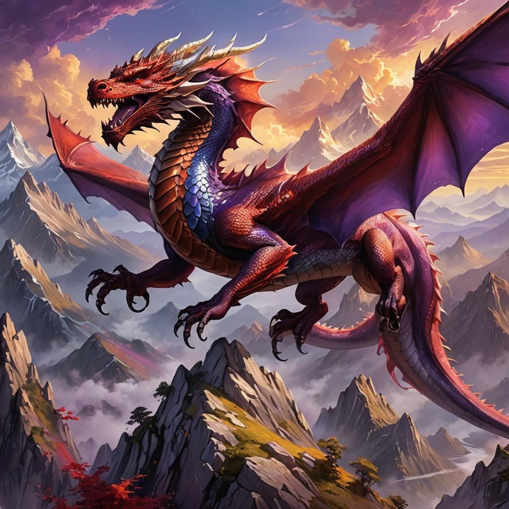 Majestic Red Dragon Soaring Over Misty Mountains